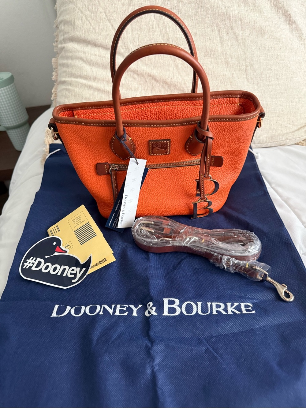 Dooney & Bourke Orange Pebble Leather Tote with Brown Trim